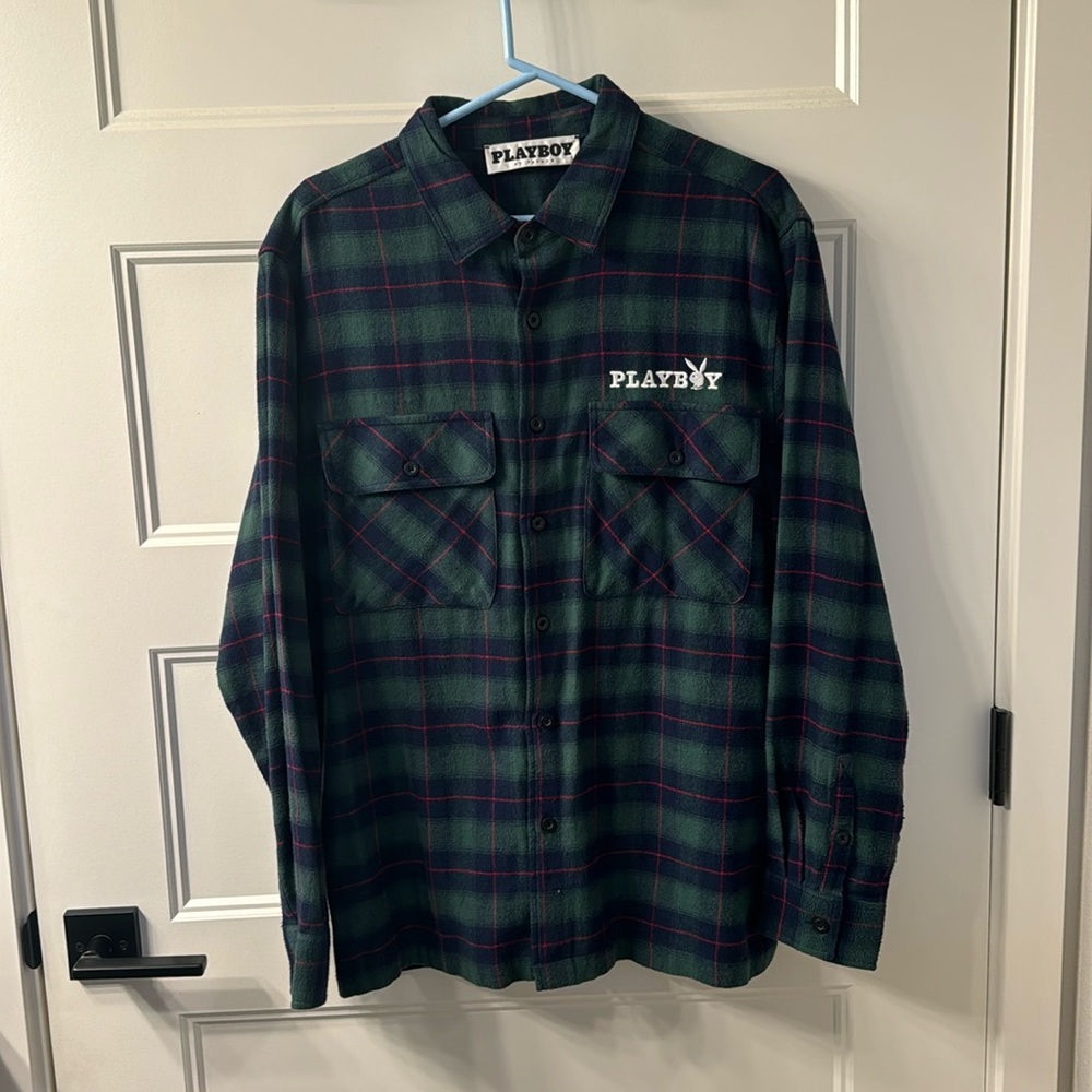 Mens Playboy Flannel Shirt, Size Medium, Green